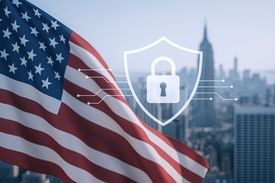 American flag waving in city skyline with digital security shield overlay.