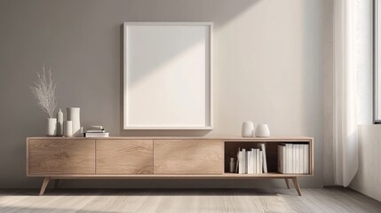 Empty frame on a light beige wall above a light wood entertainment center.