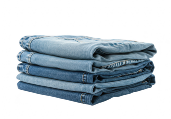A neat stack of folded blue denim jeans, representing casual and comfortable fashion isolated on transparent background