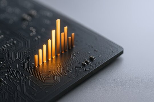 Close-up of a computer circuit board with orange glowing 3D bar graph representation.