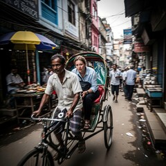 Obraz premium Woman riding a rickshaw through a bustling street in bangladesh captured in the day
