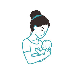 Mother Breastfeeding Baby Silhouette: Maternal Care Blue Vector Icon