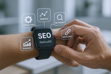 Modern digital marketing concept showing SEO optimization and online traffic analysis.