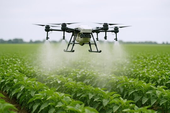 Agricultural drone flying low over lush green farmland spraying crops in bright daylight.