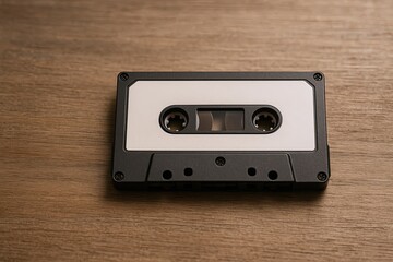 Obraz premium Close-up of a vintage analog cassette tape lying on a wooden surface for music recording.