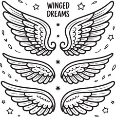 Black and White Vector Set of 10 Fantasy Hand-Drawn Wings — Doodle Style Angel and Fairy Wing Illustrations