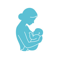 Mother Breastfeeding Baby Silhouette: Maternal Care Blue Vector Icon