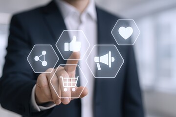 Businessperson interacting with futuristic digital icons representing social media and communication.