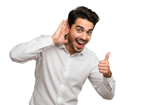 A man cups his ear to listen intently, giving a thumbs up with a surprised and happy expression isolated on transparent background - Powered by Adobe