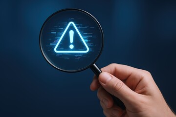 Magnifying glass showing alert icon with futuristic digital background and warning symbol.