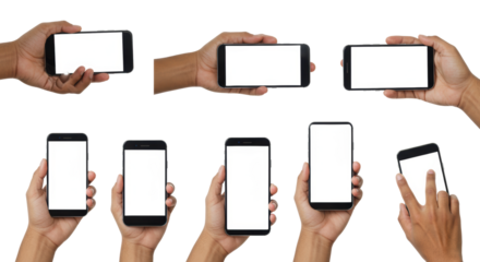 multiple human hands with varying skin tones naturally hold modern smartphones with blank white screens, in vertical and horizontal orientations, against a pristine studio white background,