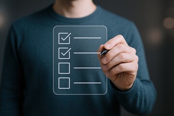 Person Holding Pen and Marking Checkboxes on Transparent Digital Checklist in Hand.