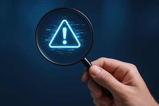 Magnifying glass showing alert icon with futuristic digital background and warning symbol. - Powered by Adobe