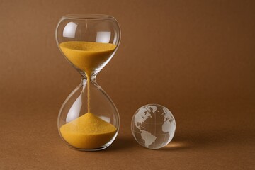 Close Up of Hourglass with Yellow Sand and Small Globe on Brown Background.