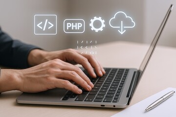 Person programming on laptop with coding icons and cloud download symbols above.