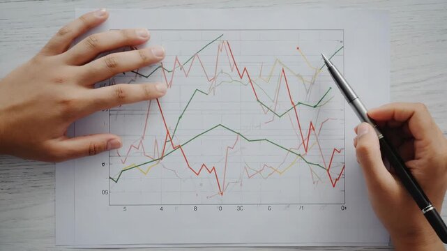Analysis of data trends on chart with hands holding pen