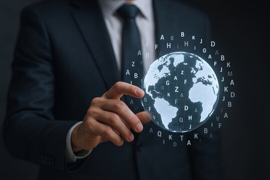 Business man pointing at digital globe interface with technology and communication theme.