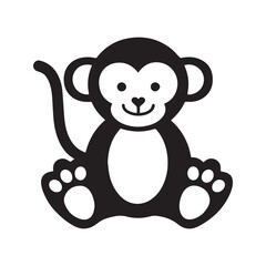 Cute cartoon monkey icon, black and white smiling primate silhouette. Vector graphic character, simple logo for zoo or kids.