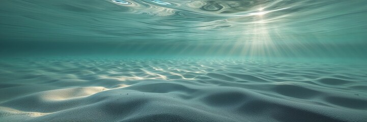 Captivating view of an underwater landscape with the sun's rays illuminating the sandy seabed.
