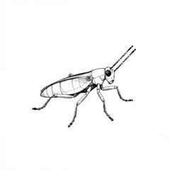 Black and white illustration of a grasshopper on white background  