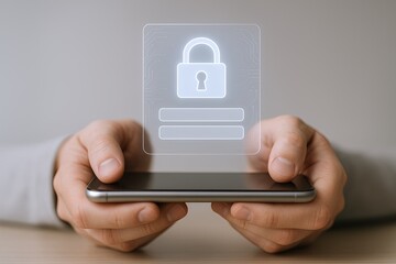 Modern smartphone with transparent digital secure lock icon and password fields.
