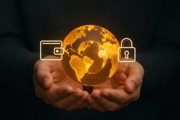 Hand holding a glowing Earth globe with digital security icons representing global cybersecurity concept.