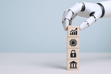 Close up of robotic hand stacking wooden blocks with technology and security icons.