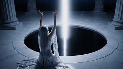 A woman in a white gown kneels before a luminous chasm, arms raised in supplication within an ancient temple. - Powered by Adobe
