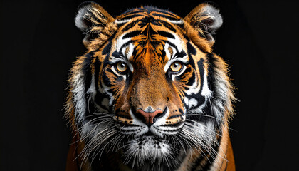 A striking portrait of a regal tiger, gazing directly at the viewer with intense eyes.