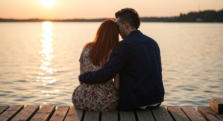 Romantic Couple Embracing at Sunset by the Lake