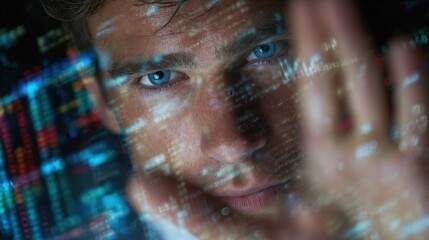 Focused Young Man Analyzing Data on Transparent Screen, Futuristic Technology and Digital Transformation Concept, Close-Up Portrait with Blue Eyes