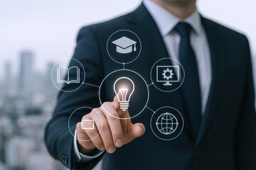Professional businessman in suit pointing at illuminated light bulb digital icons on futuristic interface.
