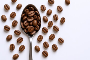 Obraz premium Close up of roasted coffee beans scatter with spoon on white background for coffee tea flavor.
