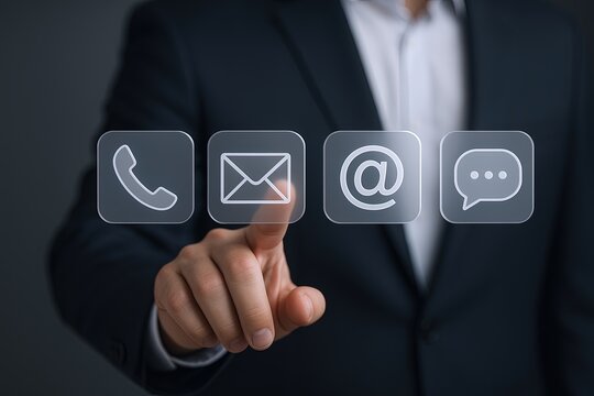 Business professional pressing contact icons on touchscreen interface with smartphone.