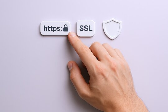 Hand pressing SSL security padlock button with HTTPS URL and shield icon background.