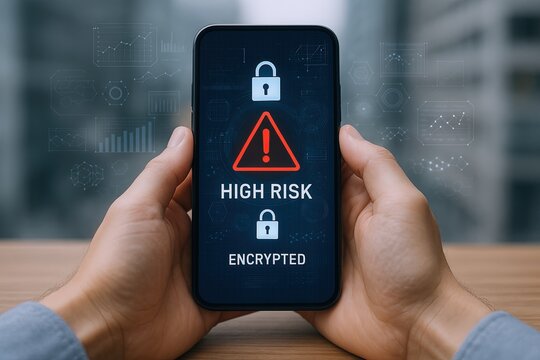 Close-up of a person holding a smartphone displaying a high risk security alert with lock icon and warning sign.