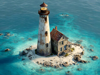 Historic Lighthouse on Tiny Island in Crystal Clear Tropical Waters