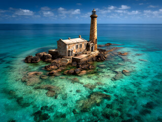 Historic Lighthouse on Tiny Island in Crystal Clear Tropical Waters