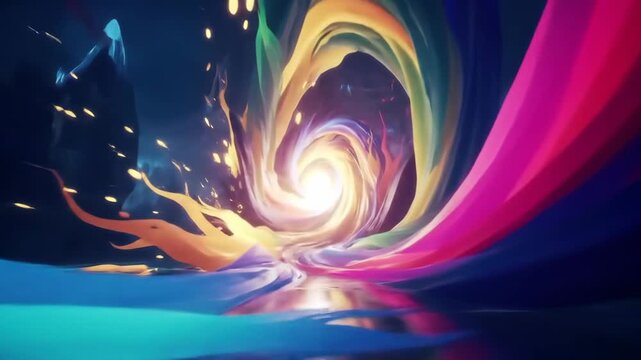 swirling neon vortex, painterly abstract energy spiral, vibrant fluid motion, 8-second animation
