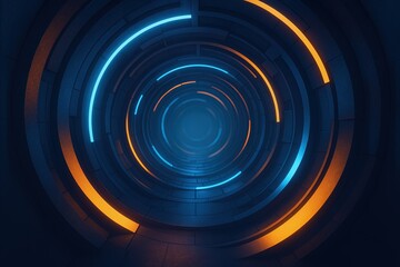 Fototapeta premium Futuristic glowing ring tunnel with vibrant neon light effects in a dark setting.