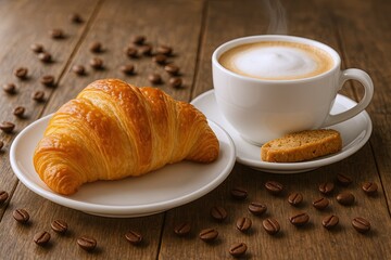 Freshly Baked Croissant with Hot Coffee and Biscuit on Wooden Table Morning Snack.