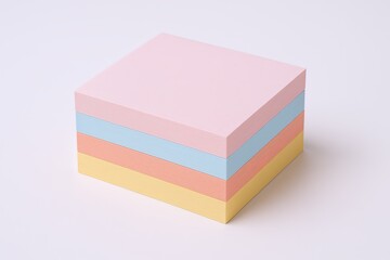 Fototapeta premium Colorful sticky notes stacked on a white background with a soft pastel palette.
