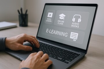 Modern laptop screen displaying e learning digital educational resources for online study.