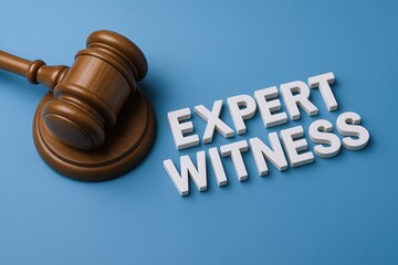 Wooden gavel and white 3D letters spelling expert witness on blue background.