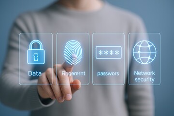 Modern digital security interface with icons for data protection fingerprint and network safety.