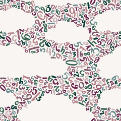 Seamless vector pattern of colorful handwritten numbers with white clouds on soft white background