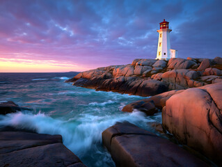 Iconic Lighthouse on Rocky Coastline at Dramatic Sunset