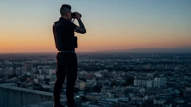 A man with tattoos standing on a skyscraper rooftop at sunset, looking through binoculars at the city below, a concept of urban exploration, observation, and strategic foresight