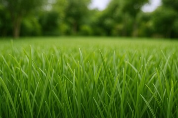 Fototapeta premium Vibrant Fresh Green Grass Field Close Up with Lush Nature Background in Daylight.