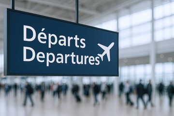 Airport Departures Signboard with Flight Information and Passengers in Terminal.